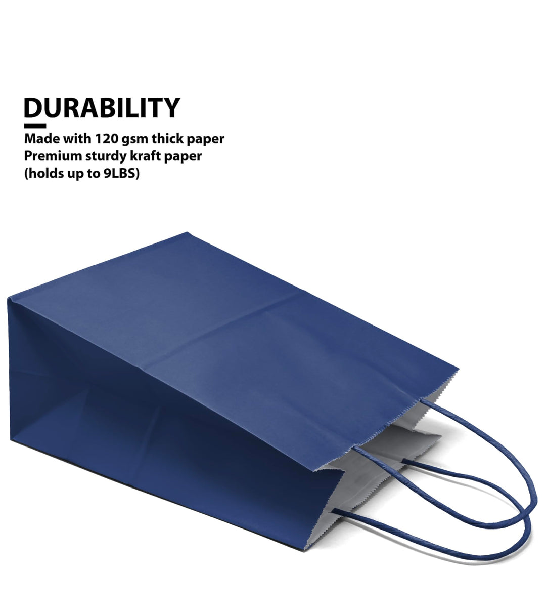 12 Counts Food Safe Premium Paper and Ink Medium 10” X 8”, Vivid Colored Kraft Bag with Colored Sturdy Handle, Perfect for Goodie Favor DIY Bag, Environmentally Safe (Medium, Navy)