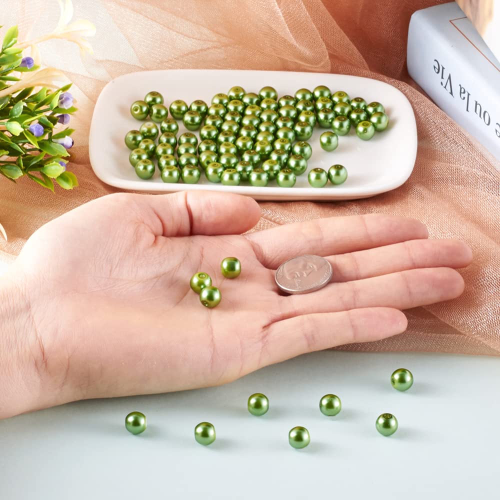 100pcs/strand 8mm Round Glass Pearl Beads Strand Tiny Satin Luster Pearl Beads Loose Spacer for DIY Bracelet Necklace Earrings Jewelry Making Crafts Supplies (Lime Green)