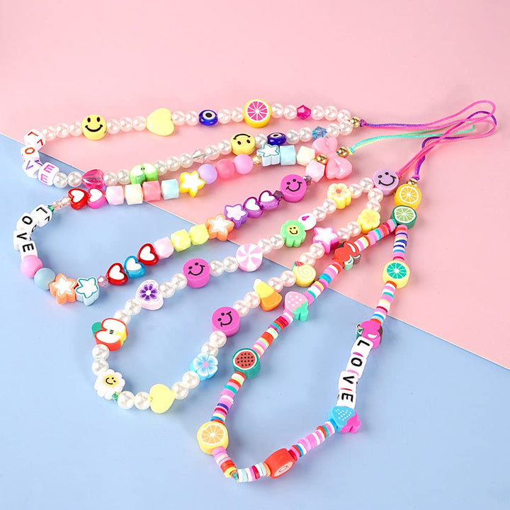 Beaded Phone Charm Strap, 4 Pcs Handmade Phone Chain Phone Bracelet Lanyard Wrist Fruit Star Pearl Rainbow Color Beaded for Women Summer Beach Accessory