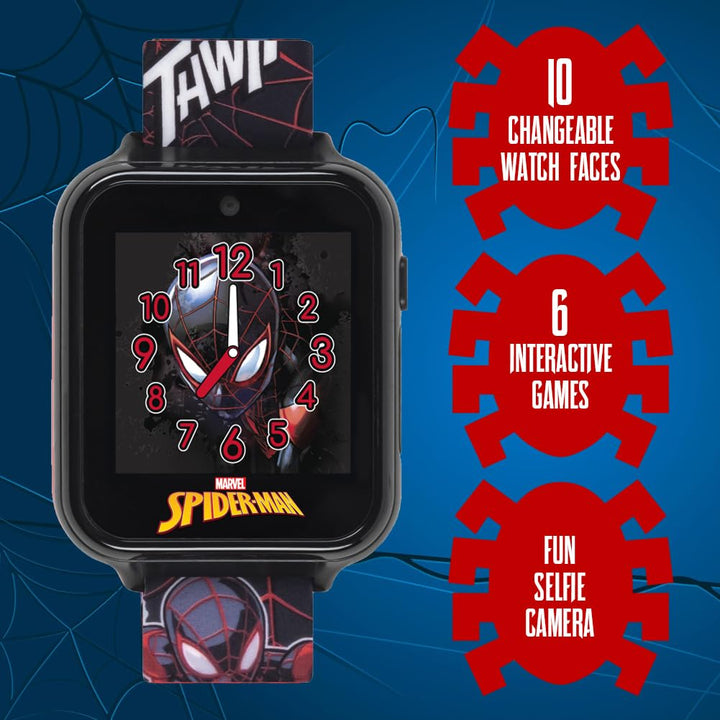 Accutime Kids Spider-Man Miles Morales Black Educational Touchscreen Smart Watch Toy for Boys, Girls, Toddlers - Selfie Cam, Learning Games, Alarm, Pedometer & More (Model: SPD4664AZ)