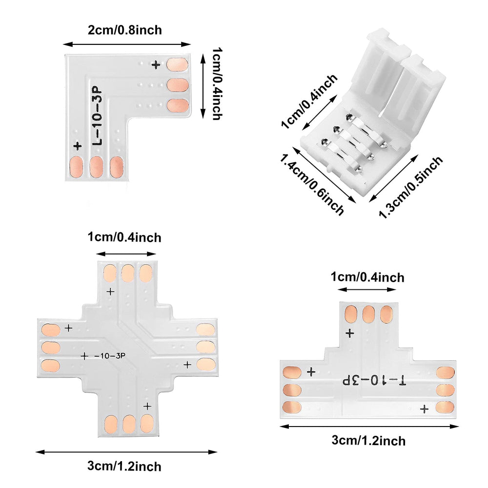 48 Pieces 3 Pin 10 mm LED Strip Connector Kit Includes Gapless Connector L Shape LED Light Corner Connector X Shape and T Shaped LED Adapter Connector for WS2811 WS2812B SK6812 No Soldering LED Strip