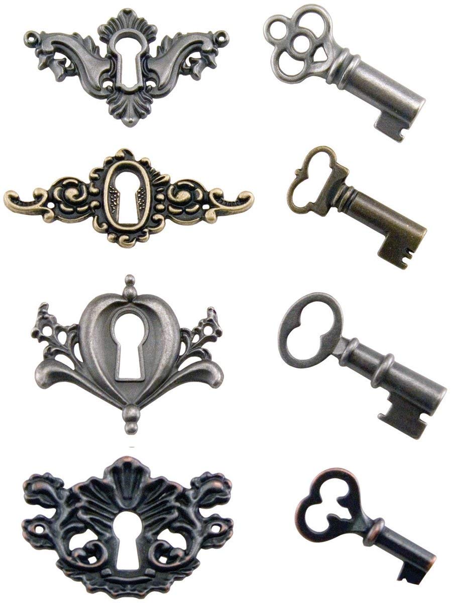Metal Locket Keys with Fasteners, 4 Keys and 4 Keyholes per Pack, Various Sizes, Antique Finishes, TH92822