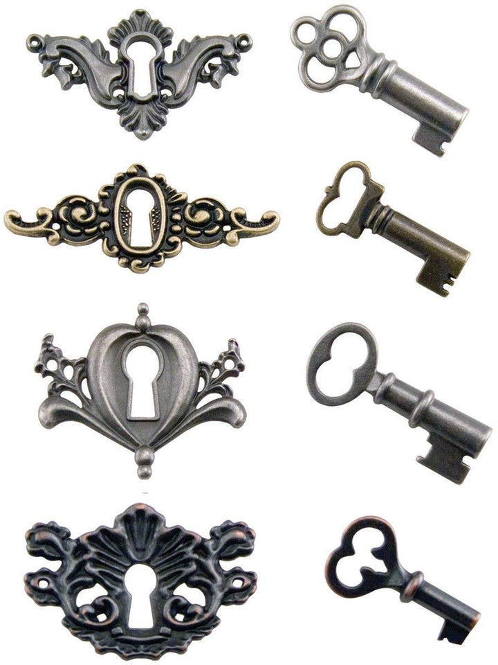 Metal Locket Keys with Fasteners, 4 Keys and 4 Keyholes per Pack, Various Sizes, Antique Finishes, TH92822