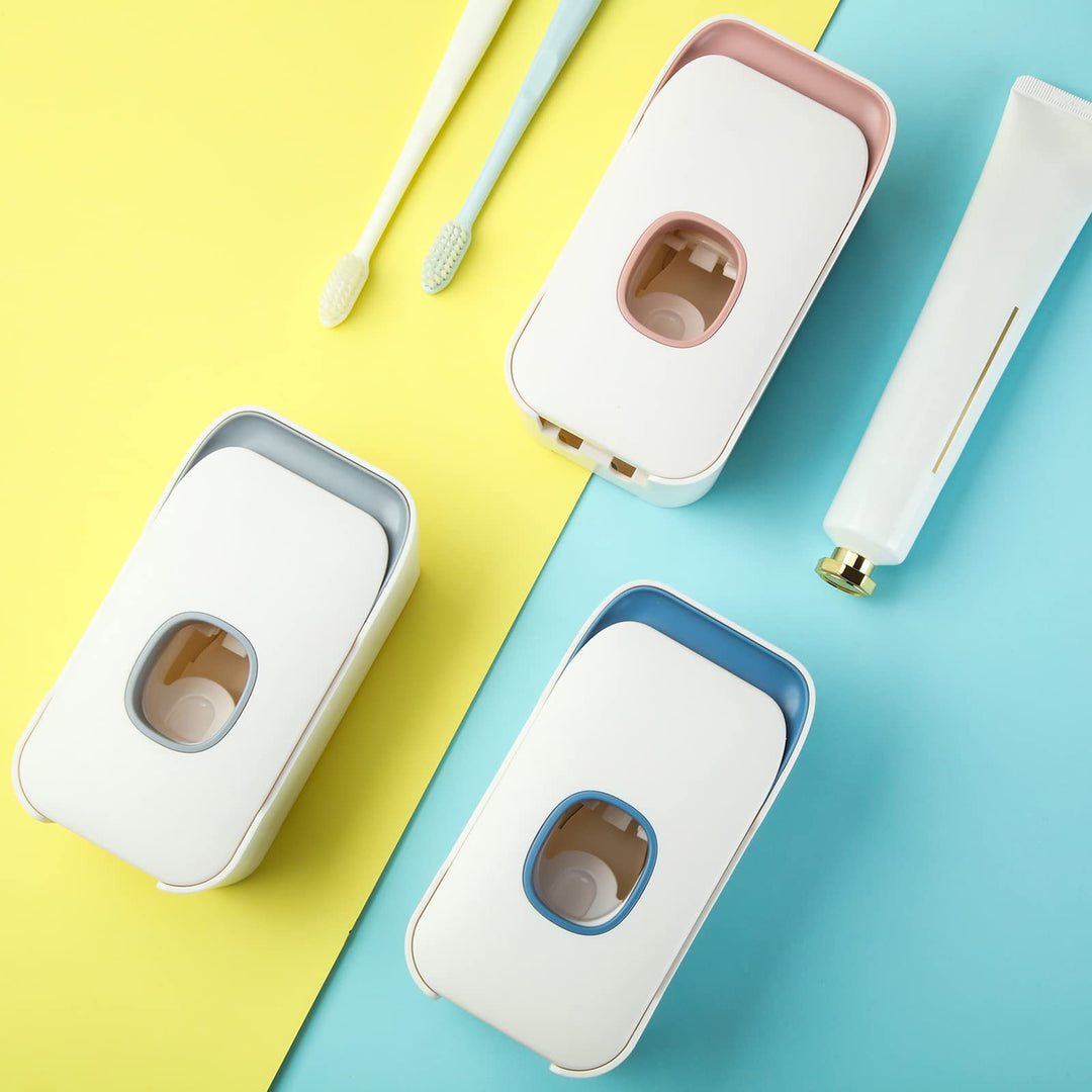 2 Slot Toothpaste Dispenser 2 in 1 Automatic Toothpaste Dispenser Wall Mounted Multi Functional Toothbrush Holder Non-Punching Toothpaste Squeezer Kit for Bathroom Shower