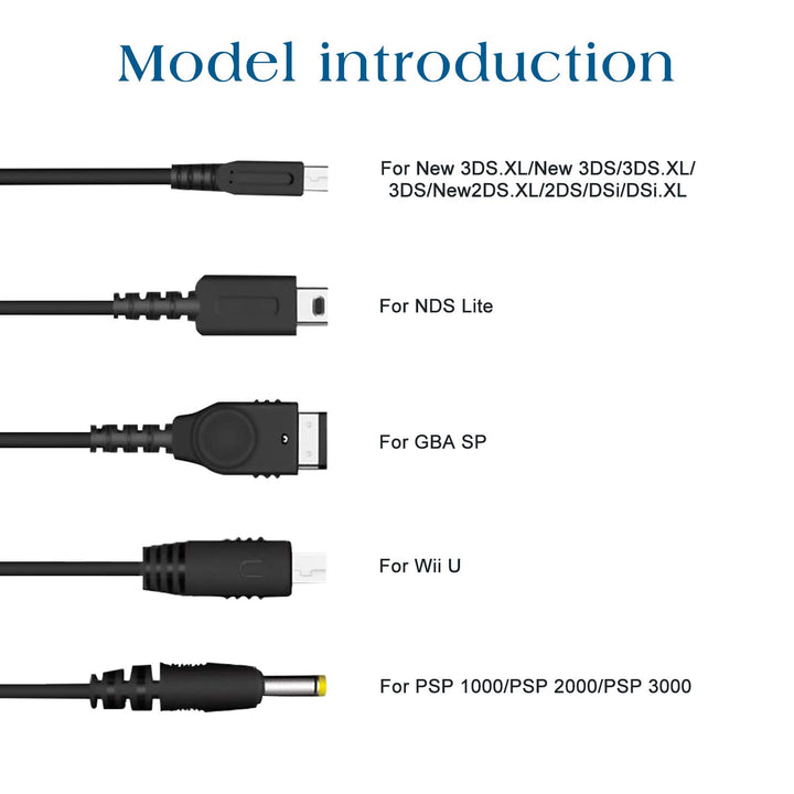 5 in 1 USB Charger Cable for Nintendo DS Lite/Wii U/New 3DS XL,3DS XL,2DS,Dsi XL,NDS/GBA SP(gameboy advance sp),PSP 1000 2000 3000