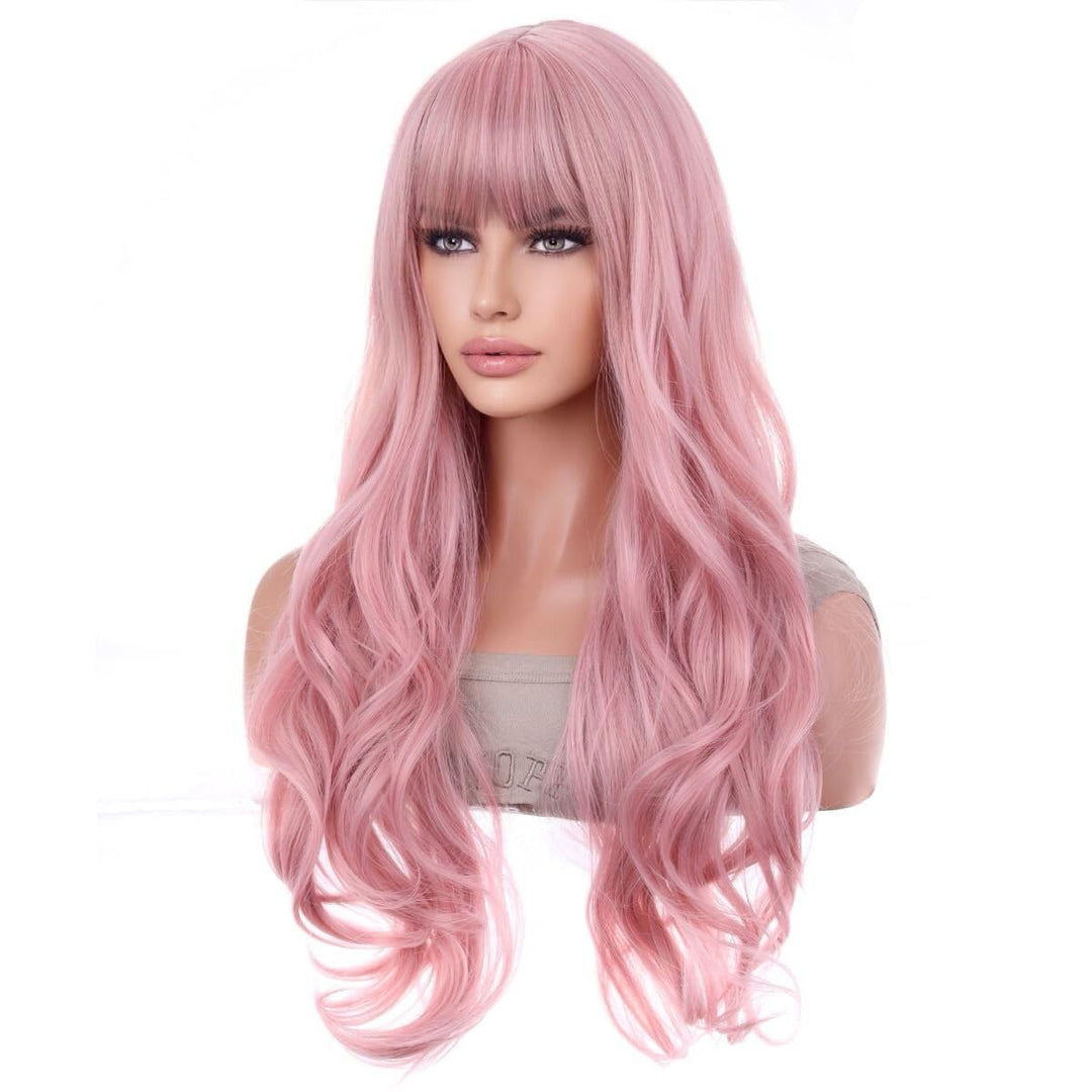 26 Inches Pink Wig Long Wavy Wig with Bangs Synthetic Wig Long Wig Pink Wigs for Daily Party with Wig Cap
