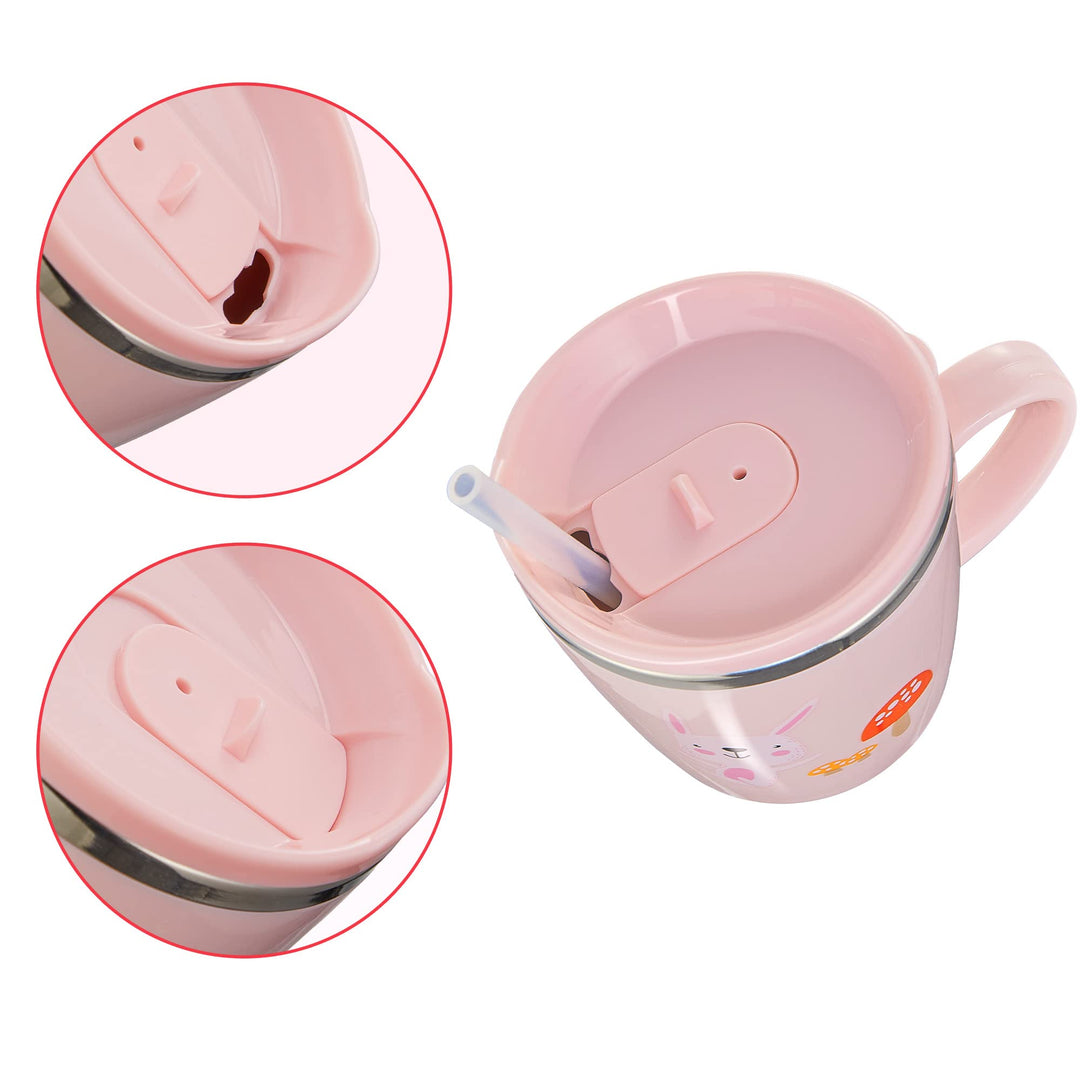 Kids Baby Toddler Cups Mug Sippy Learning Trainer Cup for Milk Coffee Hot Chocolate Stainless Steel Trainer Straw Cup with Lid, Rabbit, 7oz/Peacock pink
