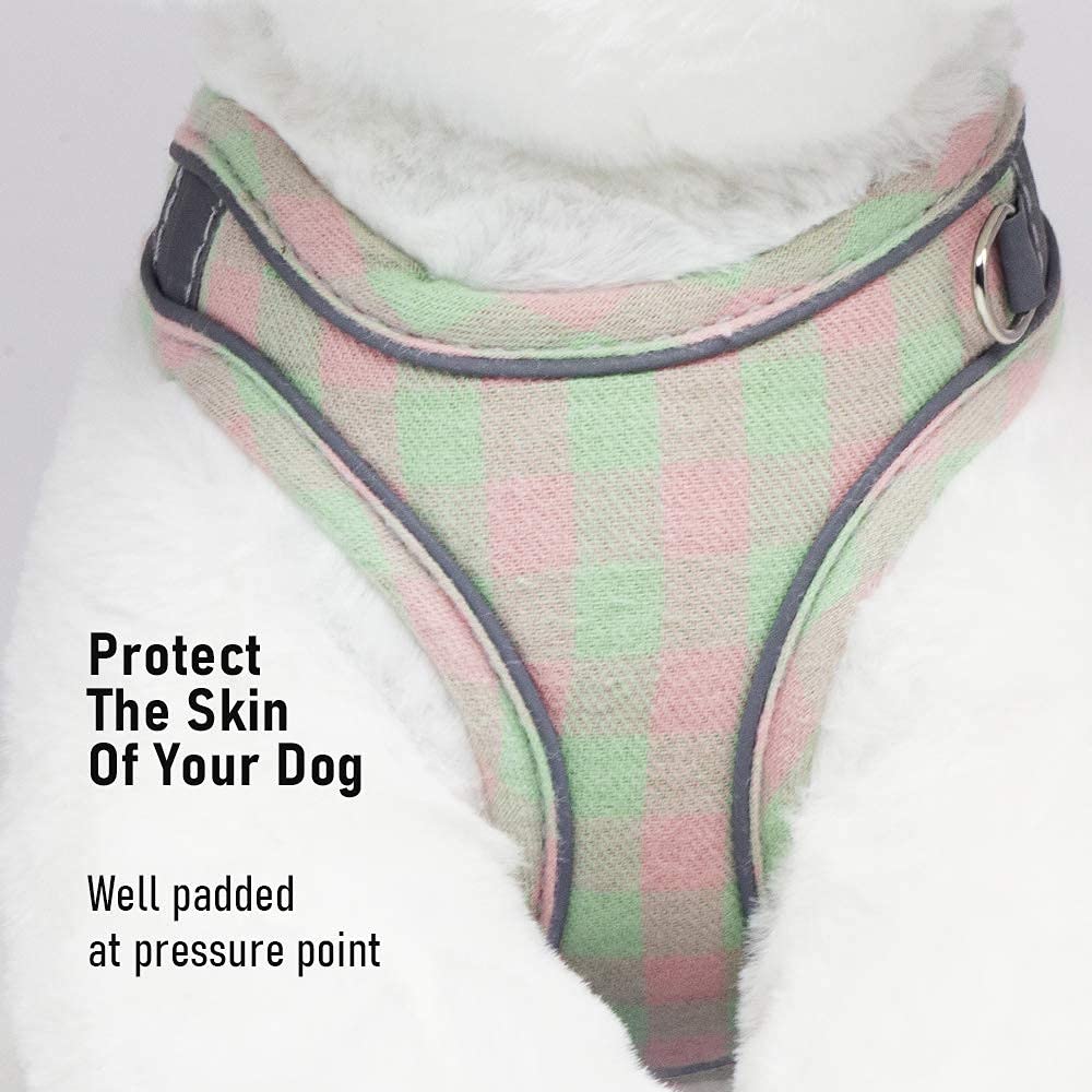 Reflective Dog Harness Basic Plaid Soft Chest Vest for Kitties Puppy Small Pets 150cm Leash with Easy Control Handle XS