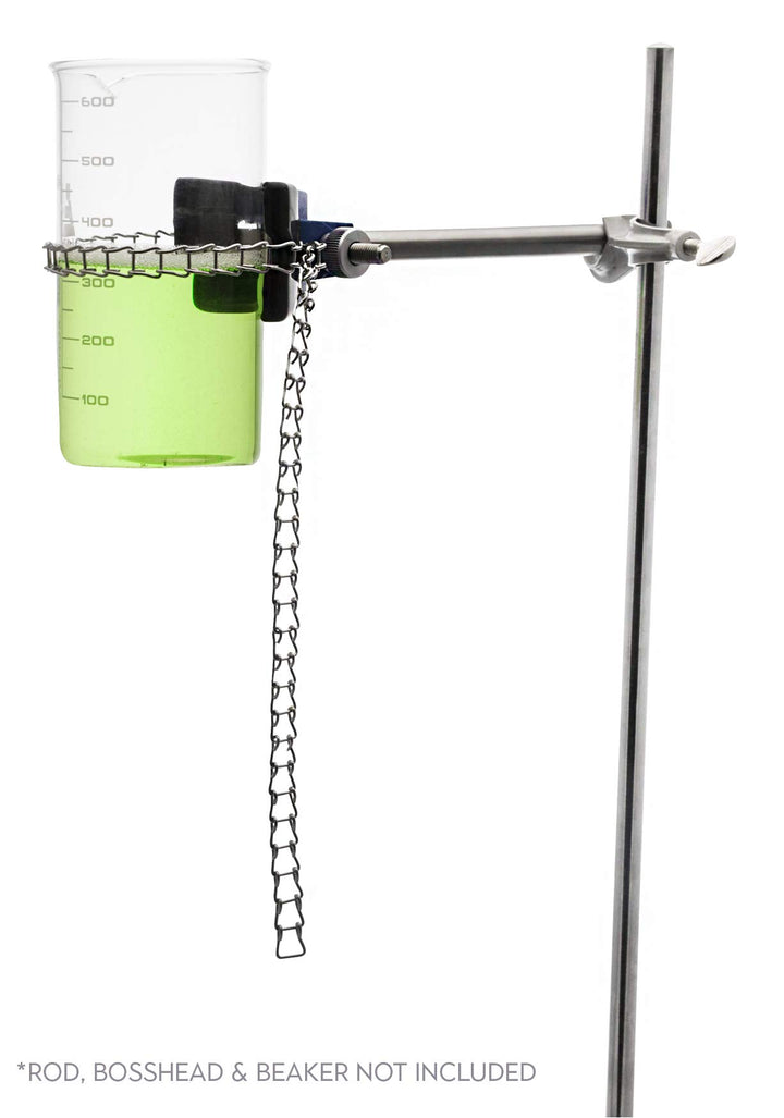Clamp, 8 Inch with Chain, 19 Inch - With Stainless Steel Rod - Ideal For Beakers, Bottles and Flasks