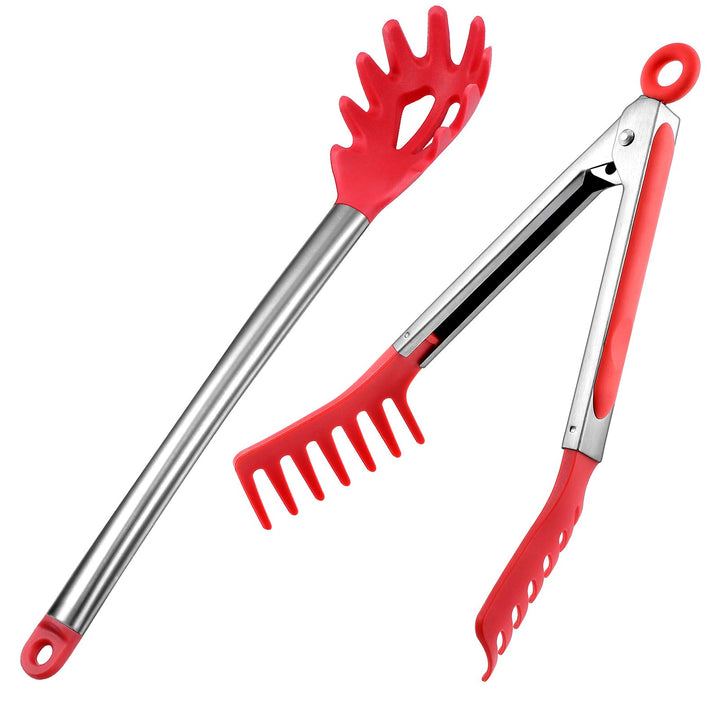 2 Pieces Pasta Fork Large Spaghetti Spoons Set, 13 Inch Stainless Steel Spoon Server Noodle Spoon and 9.8 Inch Food Serving Tong for Christmas Kitchen Cooking Baking Tools