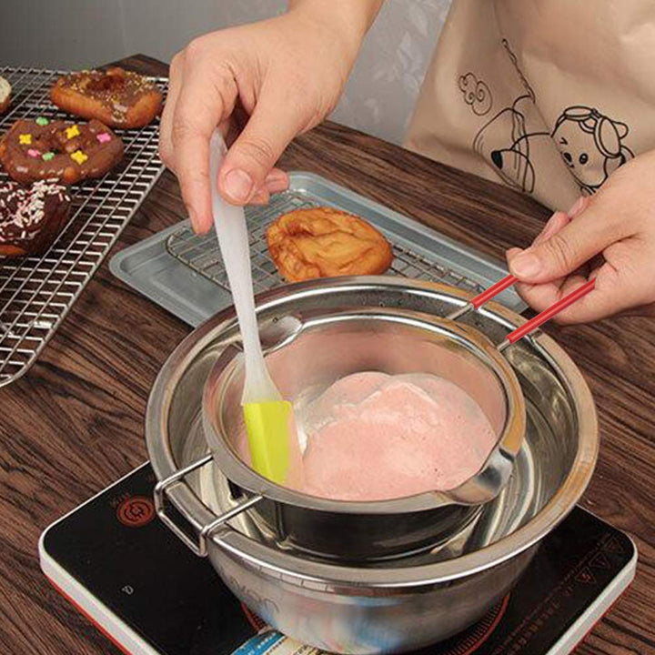 2 Pack Stainless Steel Double Boiler Pot Set, 600ML Capacity Melting Pot with Heat-resistant Handle Bonus 1 Plastic Scraper for Melting Chocolate, Butter, Cheese, Caramel and Candy