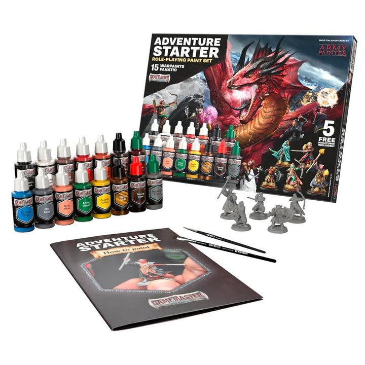 - GameMaster Adventure Starter Paint Set Combo - 15 Fanatic Warpaints 18 ml -10 Acrylic Paints, 2 Effects, 2 Metallic, 1 Wash, 5 Miniature Figures, Starter & Medium Drybrush and Guide