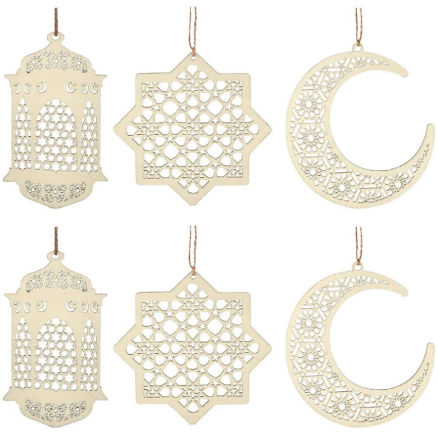 6Pcs Ramadan Kareem Wooden Ornaments Pendant Decoration Moon Lantern Star Shape Mubarak Eid Hanging Ornament for Ramadan Mubarak Eid Decorations