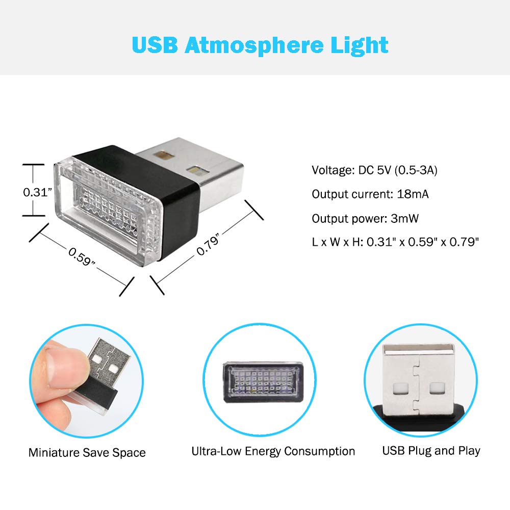 USB LED Atmosphere Lights Mini Car Interior Ambient Lighting Kit-Universal (White, 2 pcs)