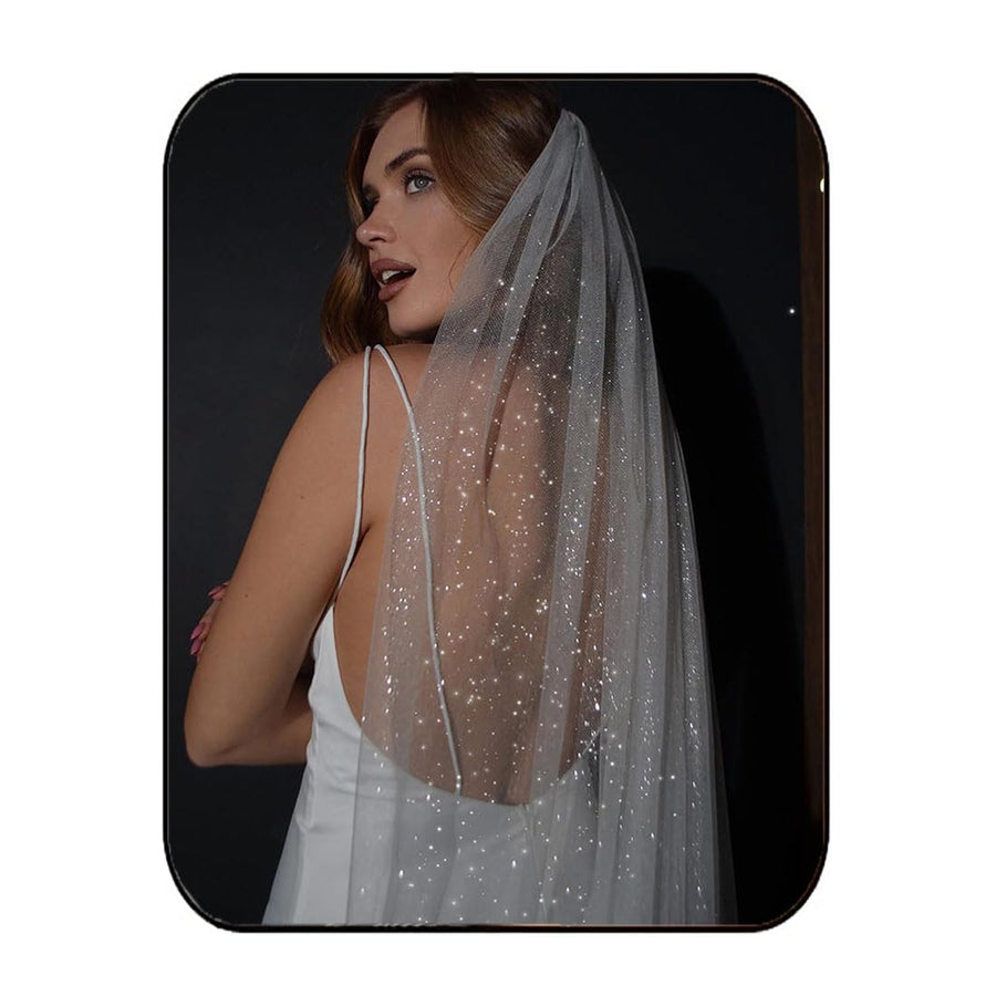 1 Tier Glitter Bride Wedding Veil Fingertip Bachelorette Party Veil Sparking Bridal Veil for Women and Girls (Ivory)