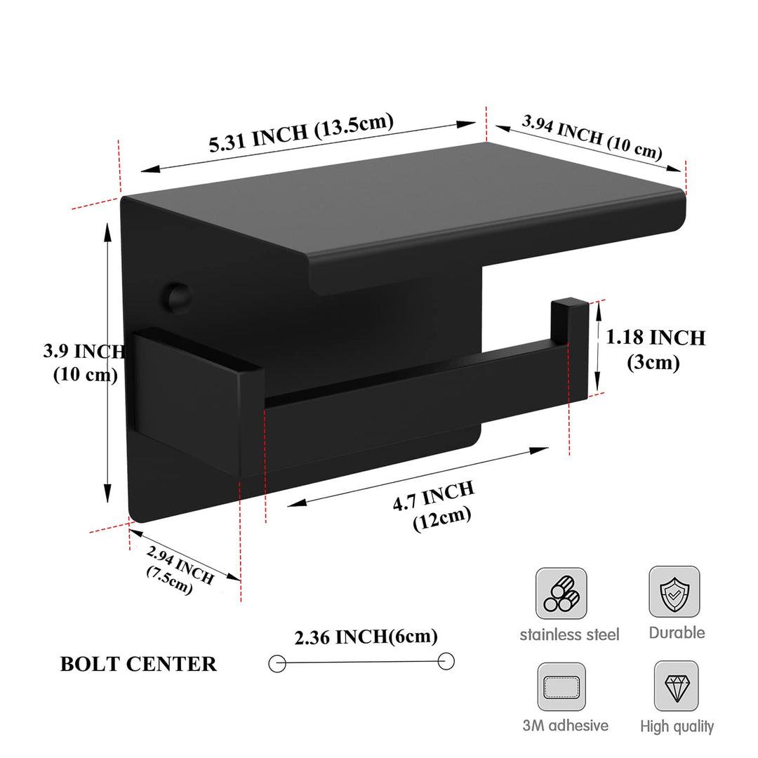 Toilet Paper Holder, Self Adhesive Matte Black Modern Square Bathroom Toilet. Paper Holder Wall Mount
