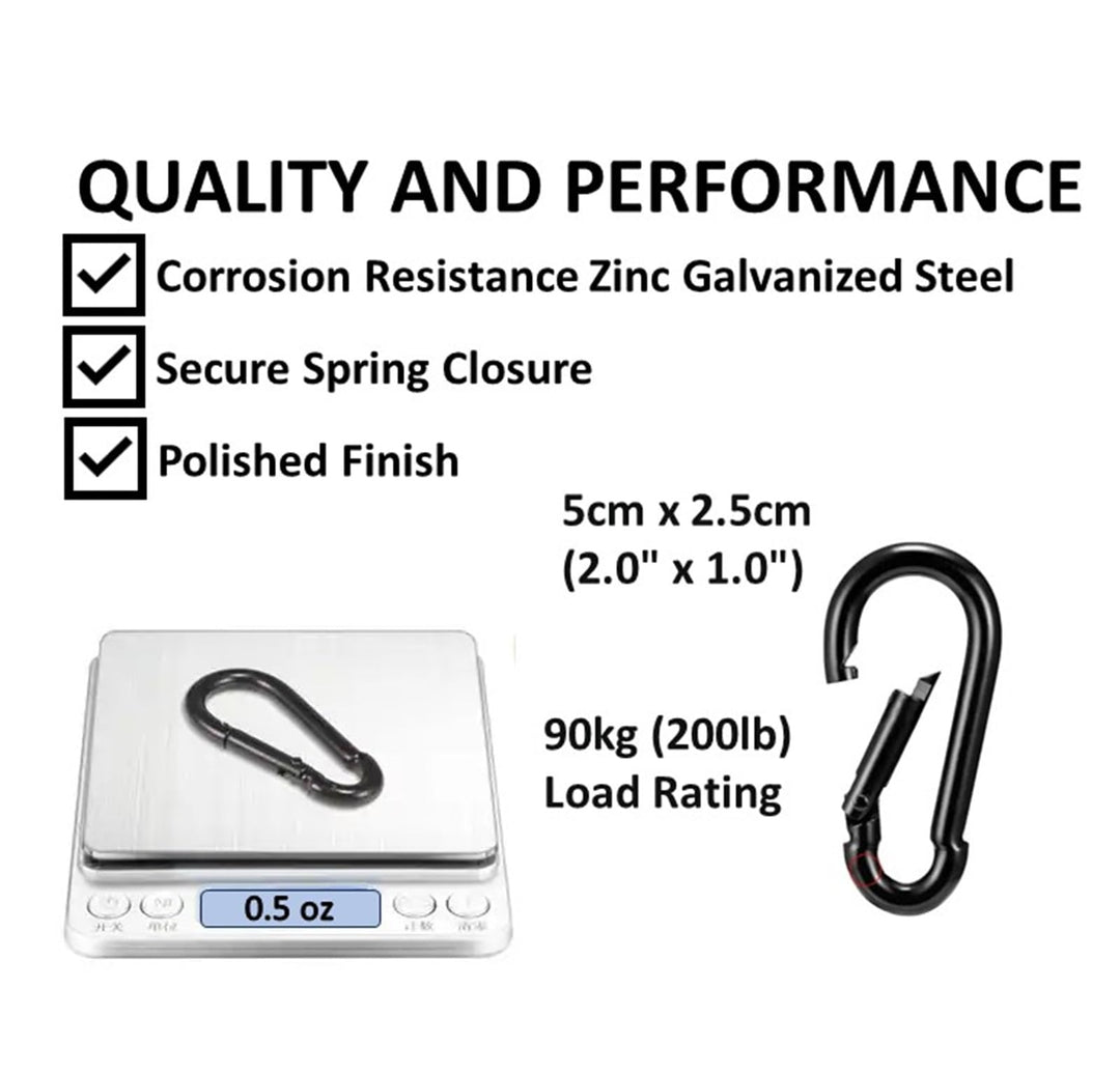 Black & Silver Zinc-Galvanized Heavy Duty Bushcraft Carabiner Spring Snap Clip Link Hooks 200-500lb Load 2, 6 & 12 Packs (Black-5cm-6 Pack)