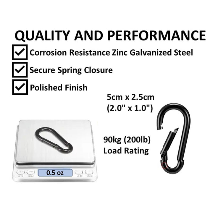 Black & Silver Zinc-Galvanized Heavy Duty Bushcraft Carabiner Spring Snap Clip Link Hooks 200-500lb Load 2, 6 & 12 Packs (Black-5cm-6 Pack)