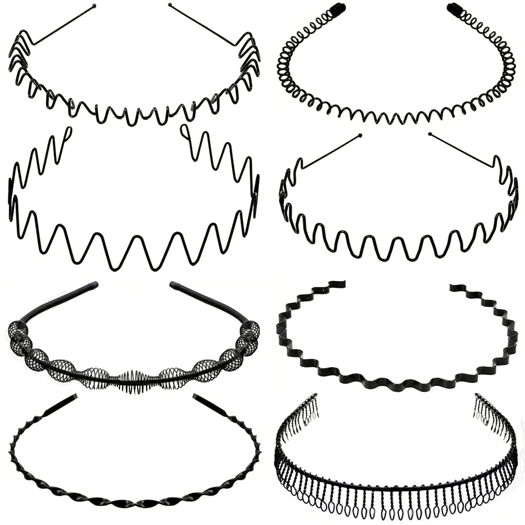 Metal Headbands for Men Women,Fashion Spring Wavy Black Non Slip Hair Bands 8 PCS