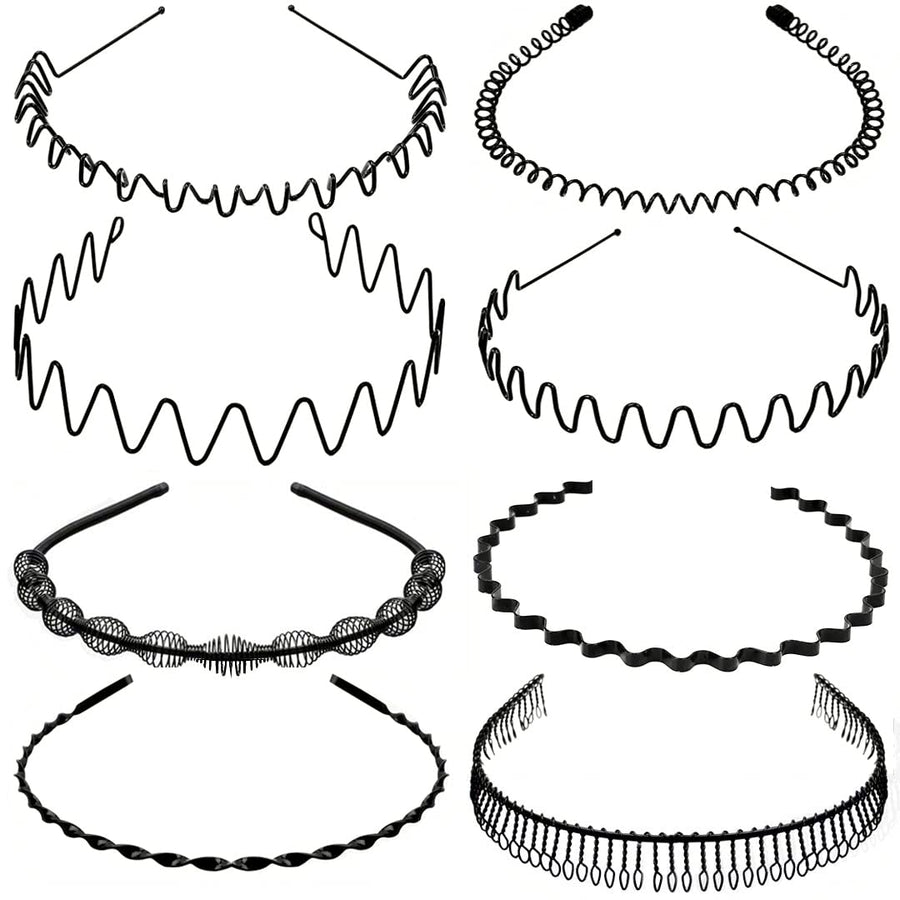 Metal Headbands for Men Women,Fashion Spring Wavy Black Non Slip Hair Bands 8 PCS