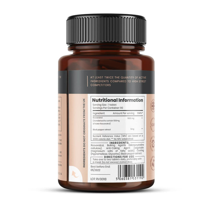 1000mg Resveratrol x 180 tablets (2 bottles of 90 tablets each - 6 months supply). 10 x strength and with black pepper extract for faster absorption. SKU: RV3x2