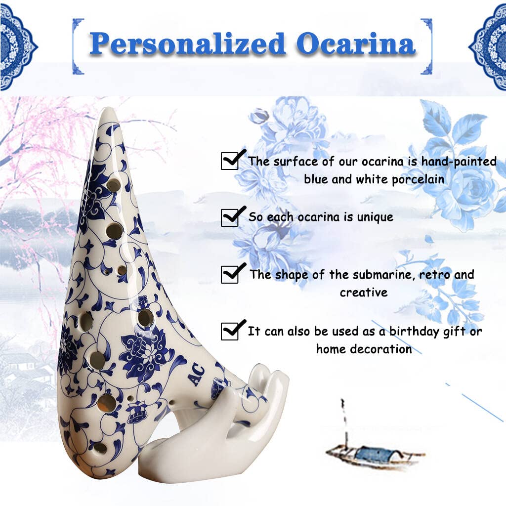12 Hole Alto C Ocarina with Protective Bag, Hand Painted Blue and White Porcelain Musical Instrument, Porcelain clay Collectible with Neck Strap, Gift Idea For Beginner Musician, Easy to Learn