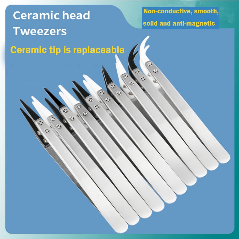 Straight Pointed Ceramic Tips Replaceable Heat Resistance Non-Conductive Heads for Ceramic Tweezers Black 2 Pairs
