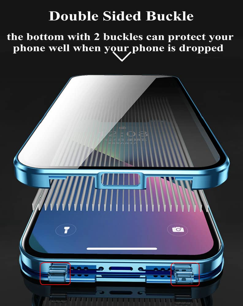 iPhone 13 Pro Max Privacy Case, Double Sided Buckle Phone Case with Camera Cover,Anti Peeping Two Side Tempered Glass Full Body Protection Metal Bumper Case (iPhone 13 pro max, Sierra Blue)