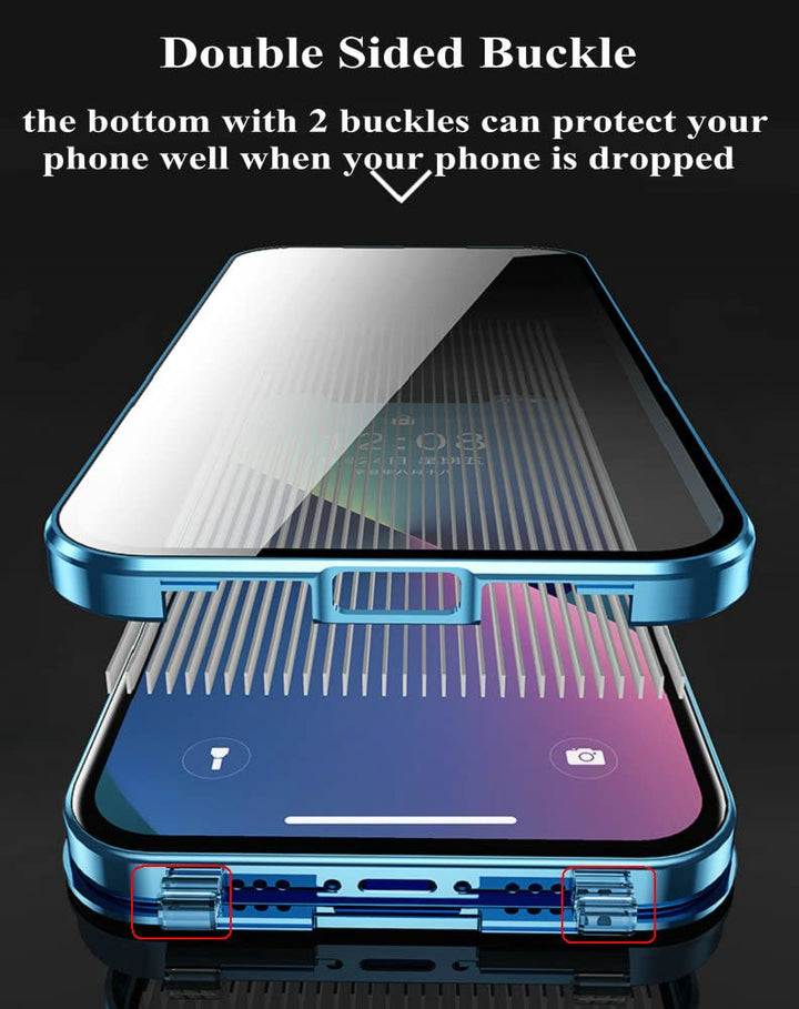 iPhone 13 Pro Max Privacy Case, Double Sided Buckle Phone Case with Camera Cover,Anti Peeping Two Side Tempered Glass Full Body Protection Metal Bumper Case (iPhone 13 pro max, Sierra Blue)