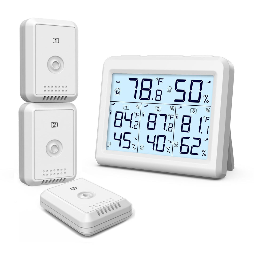 Indoor Outdoor Thermometer, Digital Hygrometer Thermometer, Wireless Temperature and Humidity Gauge Monitor with 3 Sensors, LCD Backlight for Home, Office, Bedroom, White