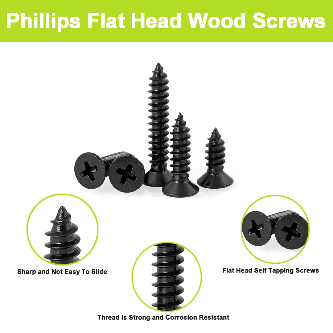500 Pcs M3 Flat Head Small Wood Screws Assortment Kit, Phillips Drive Countersunk Head Self Tapping Screws,Black Self Tapping Screws for Metal,8 Sizes Screws and 40pcs M6 Screws Anchorss