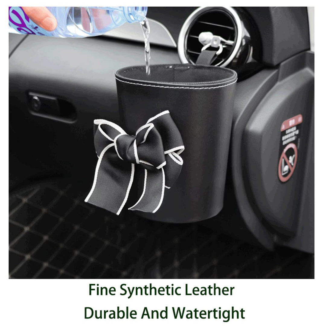 Car Trash Can Cute Accessories For Women Superior PU Leather Flower Art Organizer Gifts girl Bag Hanging Garbage Essentials Bin Carcan (Black)