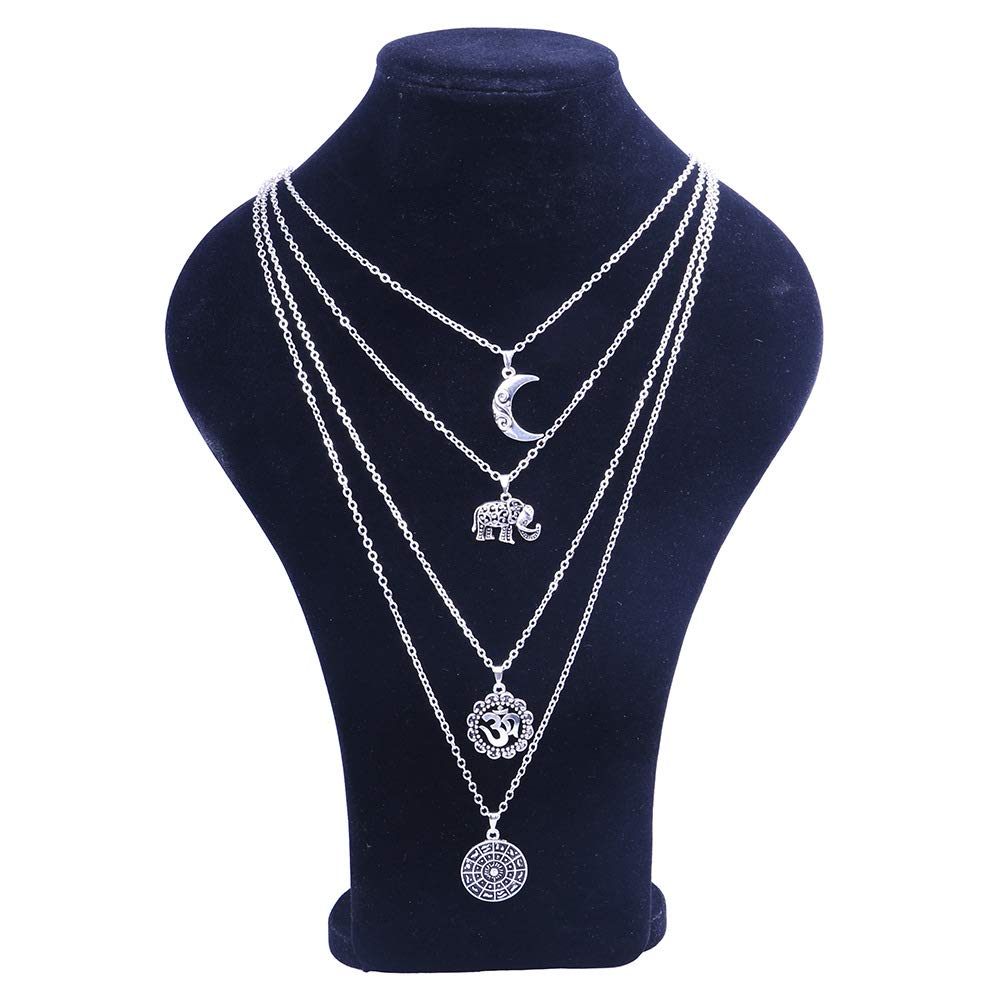 Boho Multi layer Silver Long Necklace for Women and Teen Girls with Moon Elephant Rune Pendant Choker Party Jewelry
