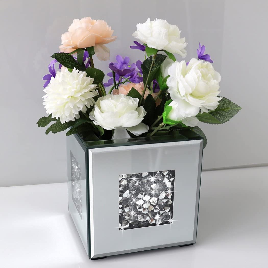 Crushed Diamond Mirrored Vase 6x6x6 inch Crystal Silver Glass Stunning Decorative Vase Flower Luxury for Home Decor. Can’t Hold Water.