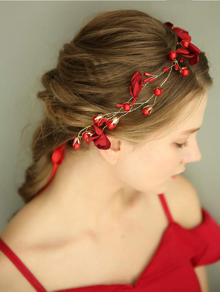 Wedding Bride Floral Red Headband Crystal Gold Hair Vine with Pearl Rhinestone Hair Accessory Boho Delicate Hair Piece Jewelry for Women and Girls