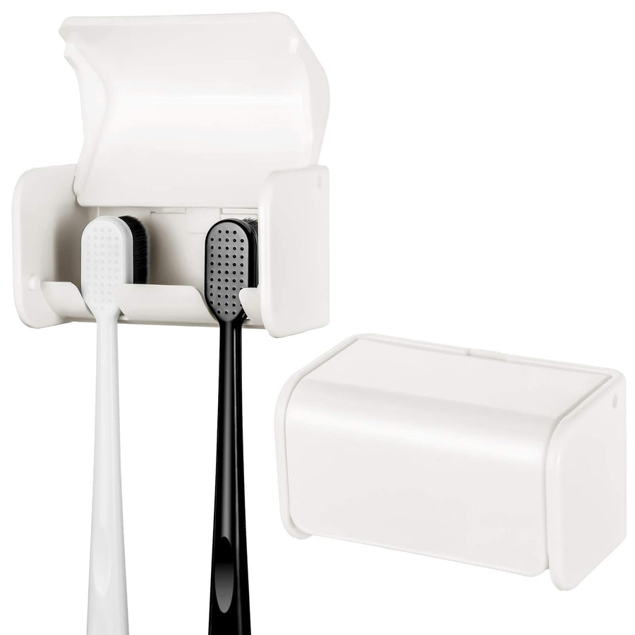 2 Pack Toothbrush Holder Wall Mounted with Cover for Bathroom, 2 Slots Self Adhesive Toothbrushes Holder White Toothbrush Hanger for RV Dorm Bathrooms and Shower