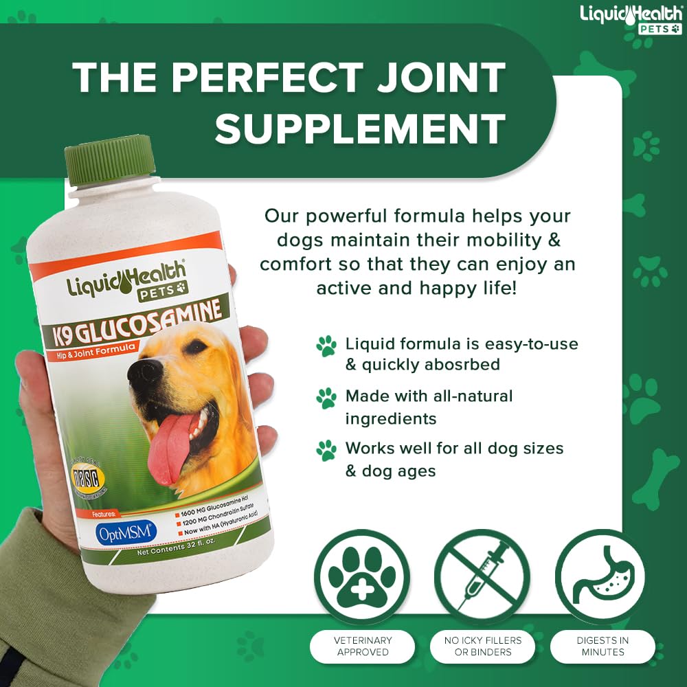 32 Oz K9 Liquid Glucosamine for Dogs, Puppies and Senior Canines - Chondroitin, MSM, Hyaluronic Acid – Joint Health, Dog Vitamins Hip Joint Juice, Dog Joint Oil