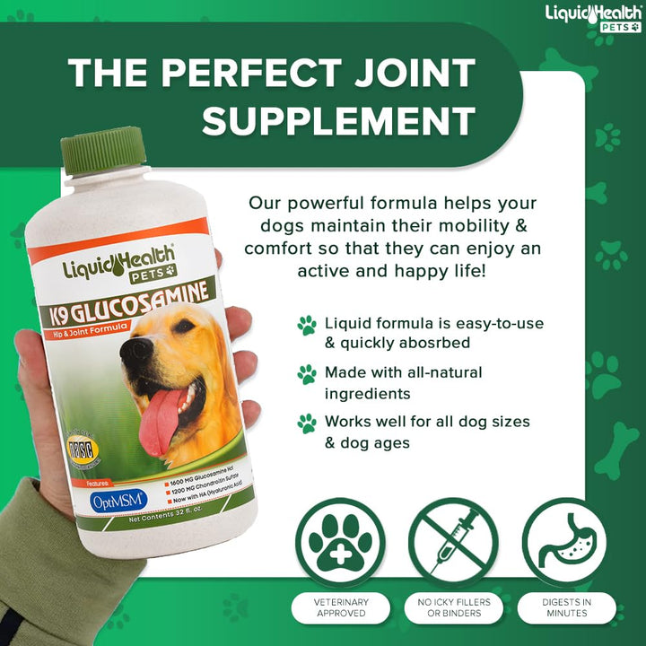 32 Oz K9 Liquid Glucosamine for Dogs, Puppies and Senior Canines - Chondroitin, MSM, Hyaluronic Acid – Joint Health, Dog Vitamins Hip Joint Juice, Dog Joint Oil