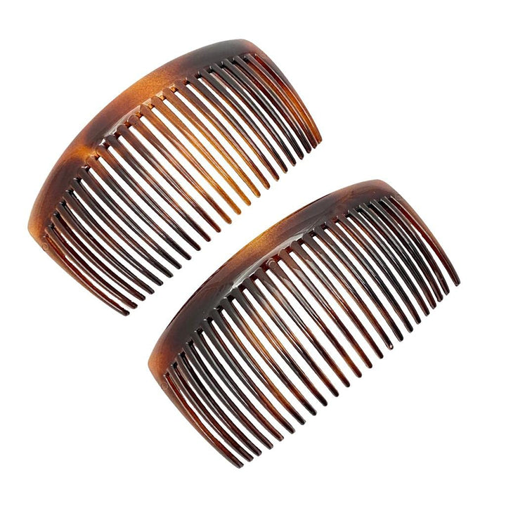 French Glossy 23 Teeth Large 4 1/4 Celluloid Acetate Set of 2 No Slip Grip Side Hair Combs for Women, Made in France (Tortoise Shell Brown)