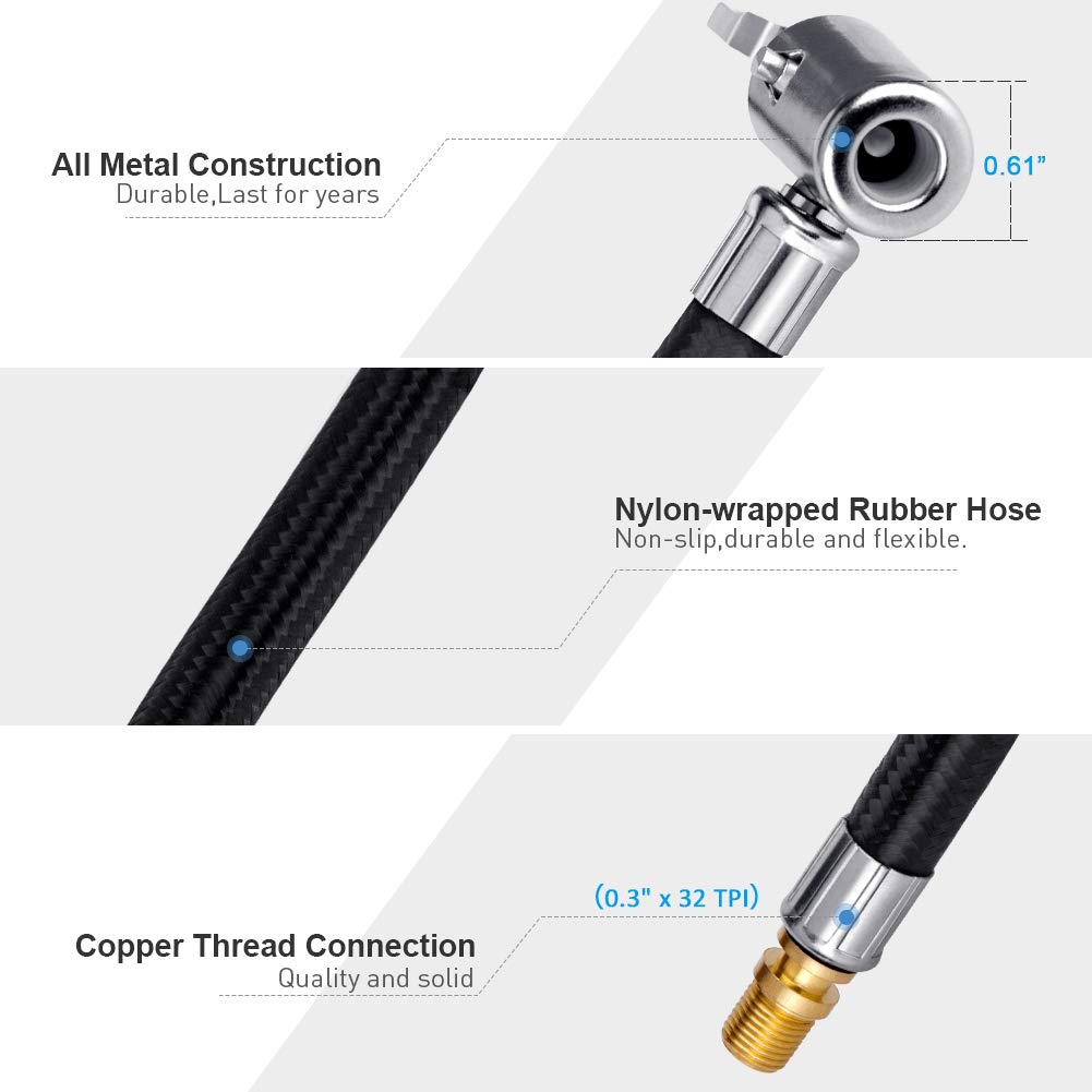 Tire Inflator Hose Adapter for Twist On Convert to Lock On Connection, with All Metal Lock On Air Chuck and Air Hose and Tire Schrader Valve Fine Thread