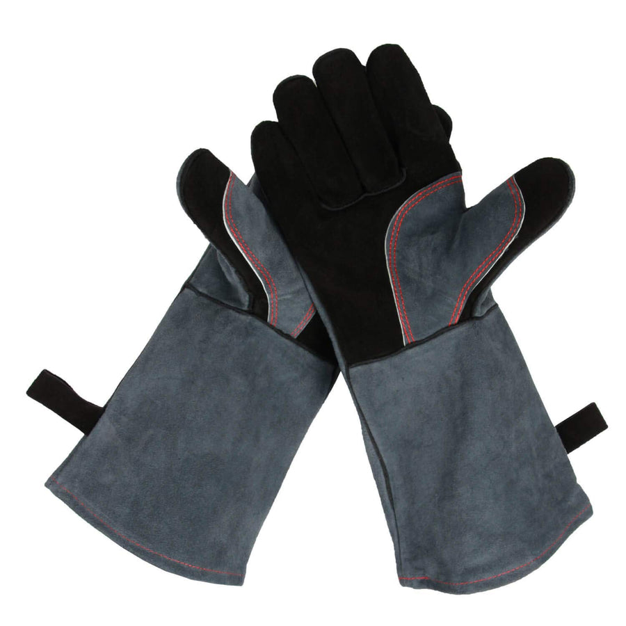 932 Grill BBQ Gloves 16-inch Heat Resistant Leather Forge Welding Glove with Flame Retardant Long Sleeve and Insulated Lining for Men and Women Black-Gray