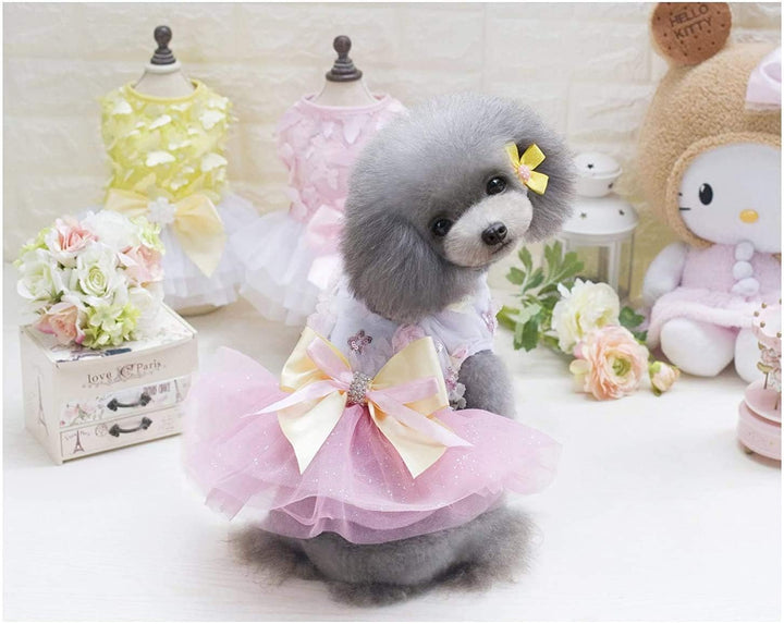 Dog Dress Puppy Skirt Dog Princess Dresses Tutu Flower and Sequin Dot Wedding Lace Dress Luxury Bow Dog Dresses for Small Dogs Girl Cat (L, Pink)