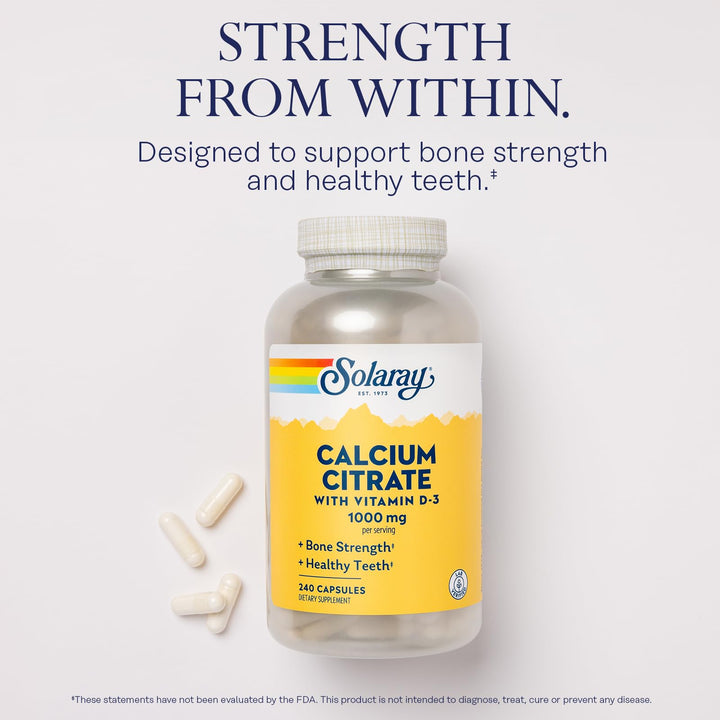 Solaray Calcium Citrate w/Vitamin D3 1000mg, Healthy Bones & Teeth, Heart, Muscle & Nerve Support, 60 Serv, 240 VegCaps