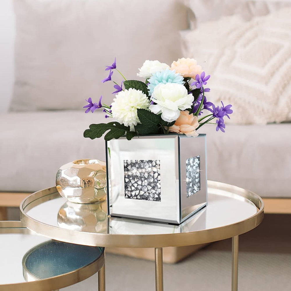 Crushed Diamond Mirrored Vase 6x6x6 inch Crystal Silver Glass Stunning Decorative Vase Flower Luxury for Home Decor. Can’t Hold Water.