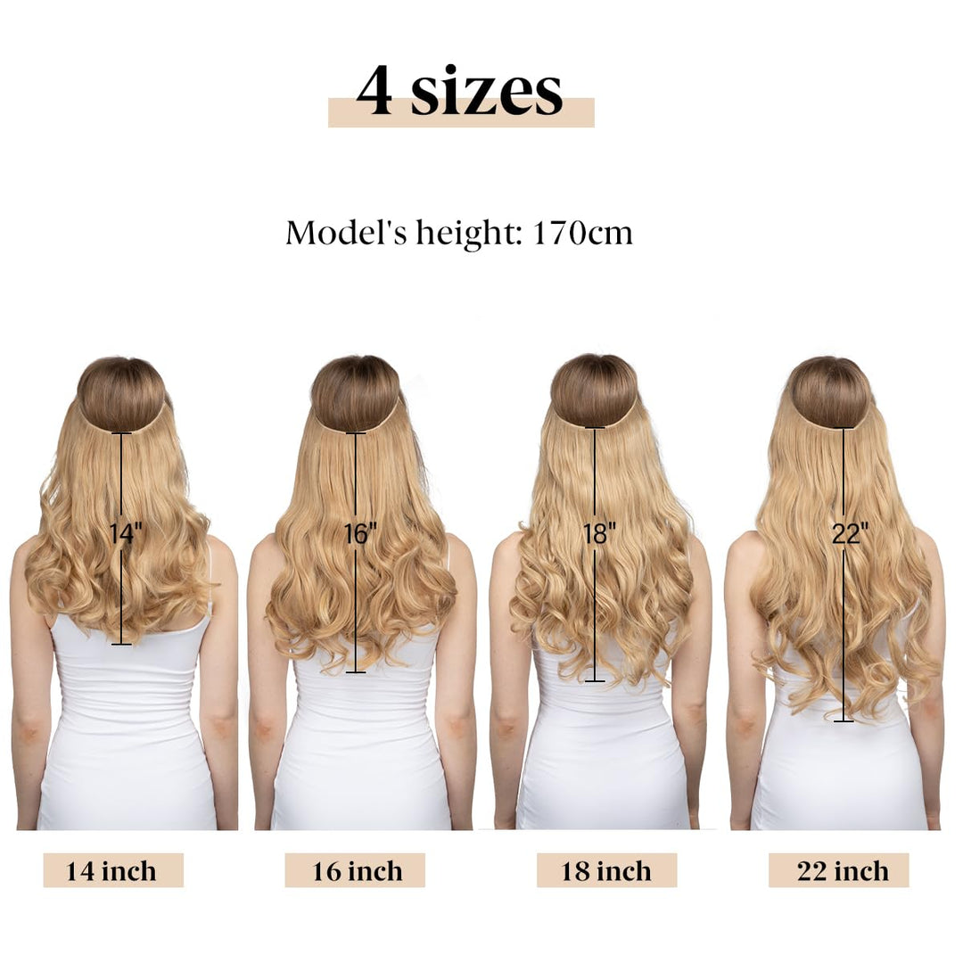 Invisible Wire Hair Extensions with 3 Clips Synthetic Wavy Curly Hairpiece Adjustable Transparent Headband for Women 16 Inch Dark Brown/Golden Blonde Highlights
