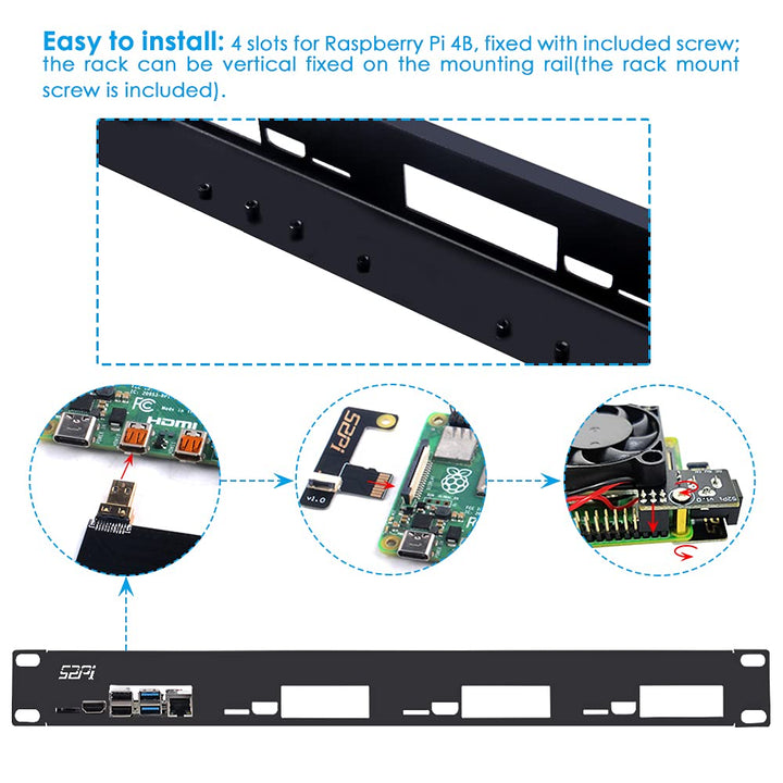 1U Rack Mount for Raspberry Pi 4, 19 1U Rackmount Supports 1-4 Units with 4pcs Fans, Aluminum Heatsinks, Micro HDMI Boards, TF Card to FPC Boards for Raspberry Pi 4B