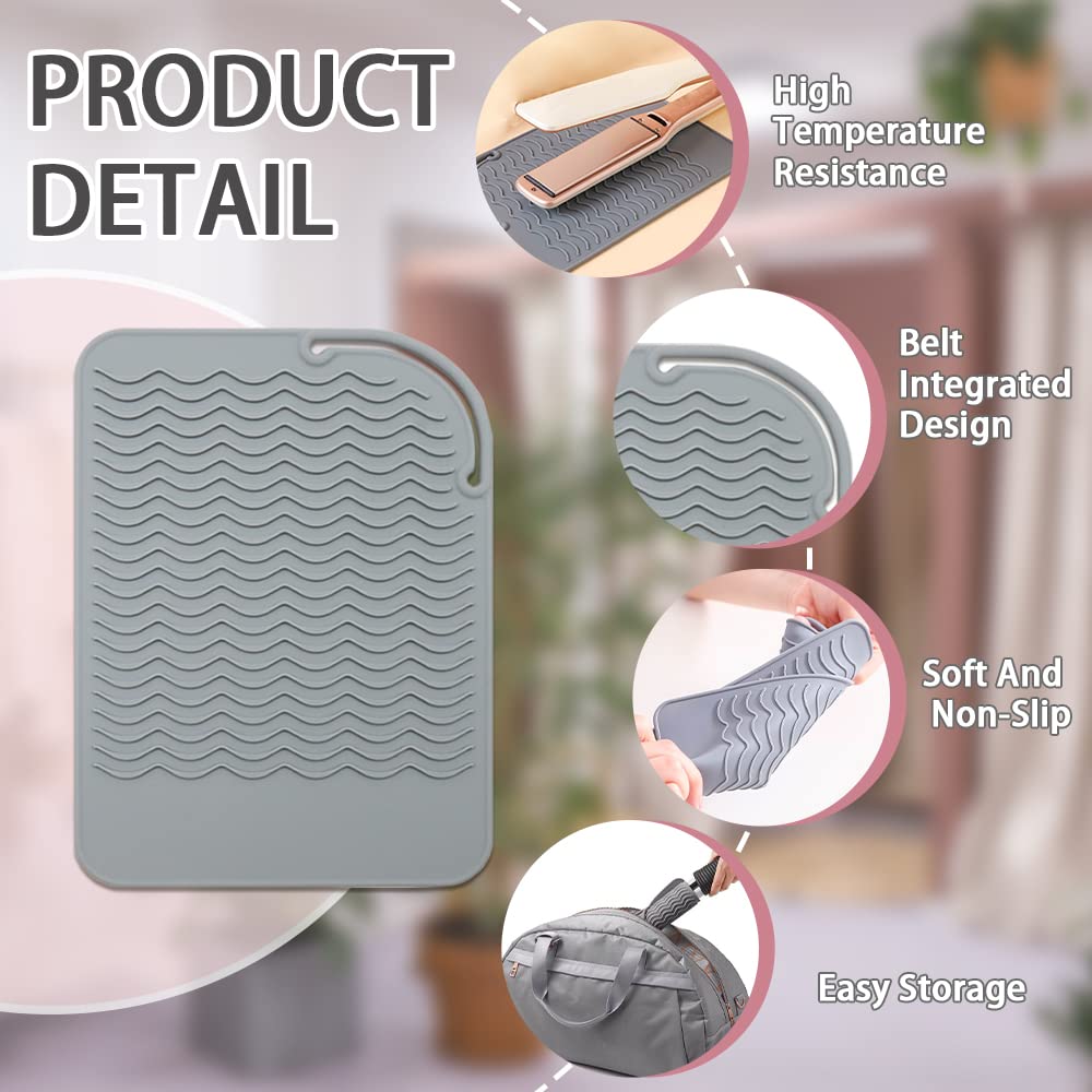 2 Pack Silicone Heat Resistant Travel Mat, Non Slip Curling & Flat Iron Mat Pad, Portable Styling Heat Mat for Hot Hair Tools, Straightener, Salon Appliances, 9x6.5 (Gray, Rose red)