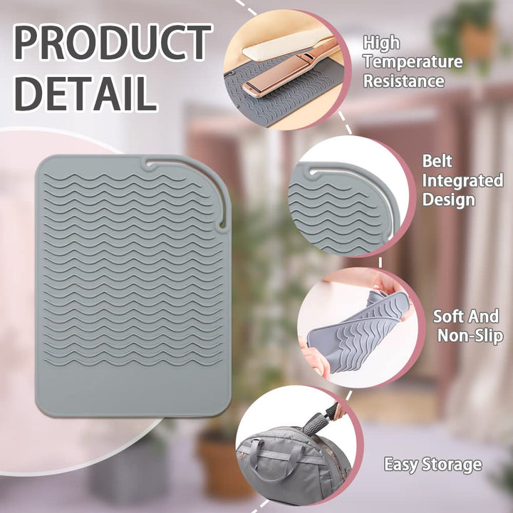 2 Pack Silicone Heat Resistant Travel Mat, Non Slip Curling & Flat Iron Mat Pad, Portable Styling Heat Mat for Hot Hair Tools, Straightener, Salon Appliances, 9x6.5 (Gray, Rose red)