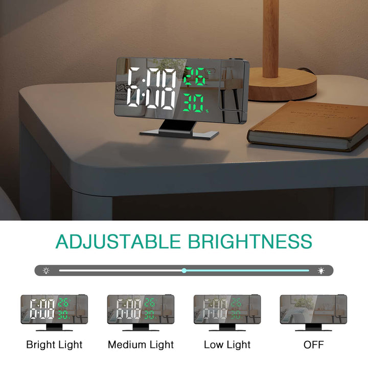 Projection Alarm Clock, LED Alarm Clock, 7.8 Mirror Display Bedroom Clock with 180° Rotatable Projector, Temperature Humidity Display, USB Charging Port, Snooze, Adjustable Brightness