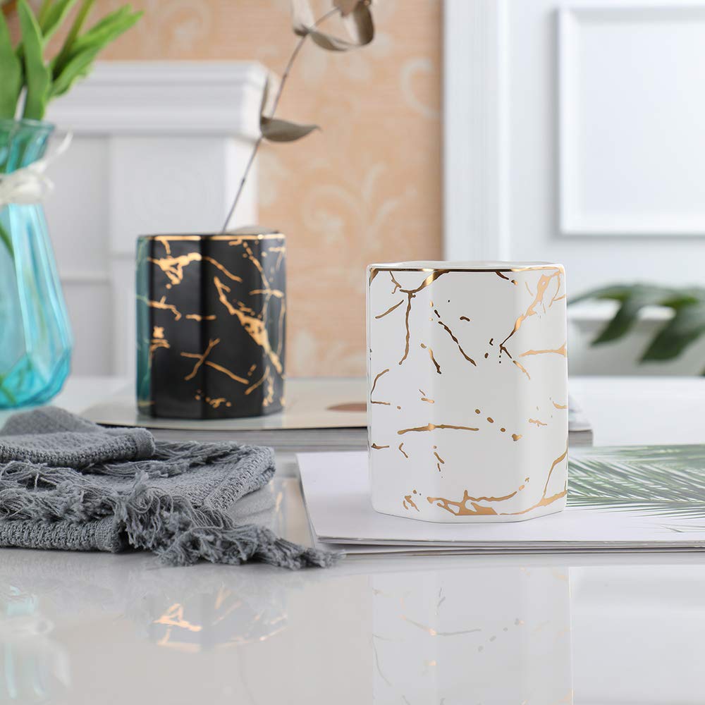 Ceramic Desk Pen Holder Stand Marble Pattern Pencil Cup Pot Desk Organizer Makeup Brush Holder (Blue)